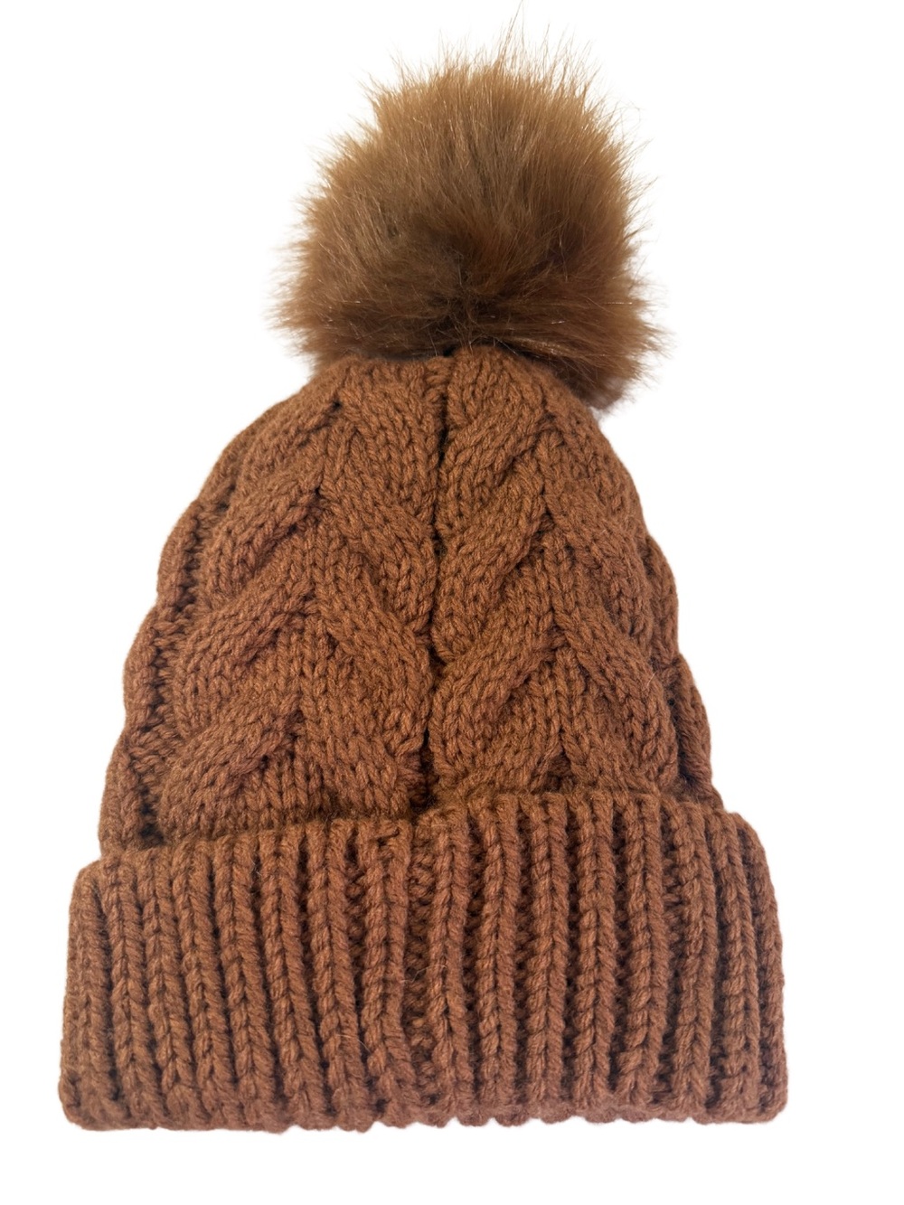 Time and Tru Women’s Cable Knit Pom Beanie in Brown